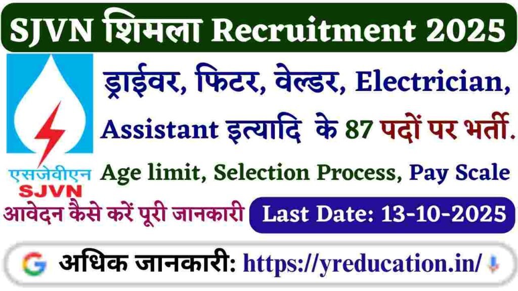 SJVN Shimla Various Posts Recruitment 2025 Notification Out for 87 Posts Apply Now