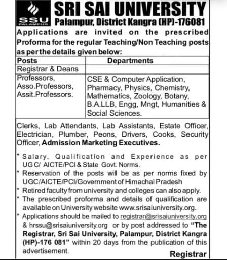 Apply Now! Sri Sai University Palampur Recruitment 2025 for Teaching & Non-Teaching Staff